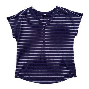 Old Navy White Navy Striped Blouse Top Women Size Large Crew V-Neck Short Sleeve